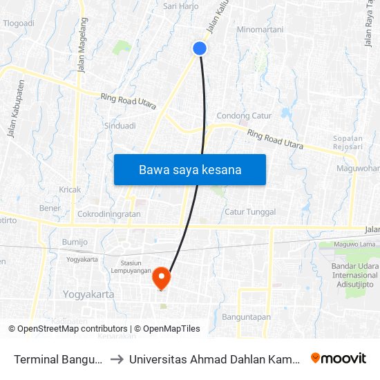 Terminal Bangunan to Universitas Ahmad Dahlan Kampus 1 map