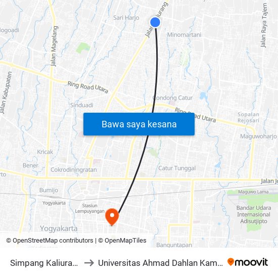 Simpang Kaliurang 2 to Universitas Ahmad Dahlan Kampus 1 map