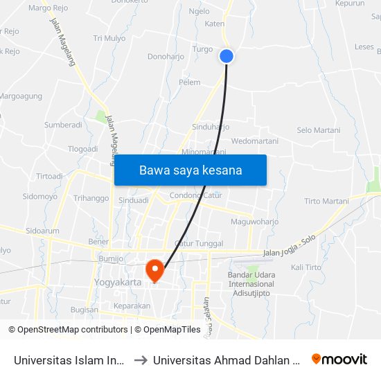 Universitas Islam Indonesia to Universitas Ahmad Dahlan Kampus 1 map