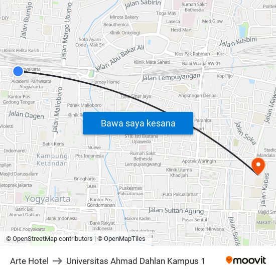 Arte Hotel to Universitas Ahmad Dahlan Kampus 1 map