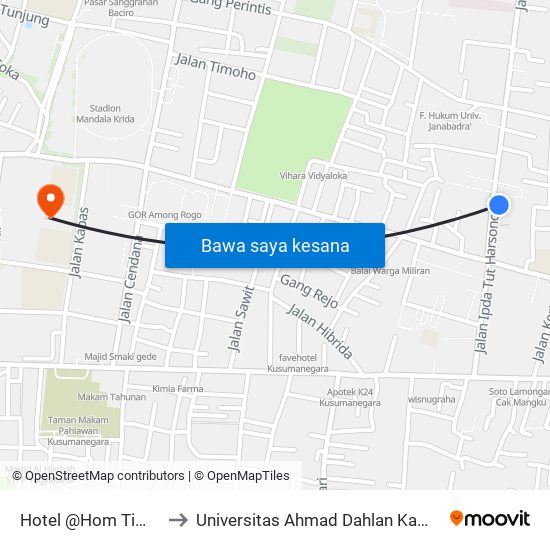 Hotel @Hom Timoho to Universitas Ahmad Dahlan Kampus 1 map