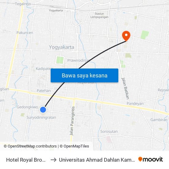 Hotel Royal Brongto to Universitas Ahmad Dahlan Kampus 1 map