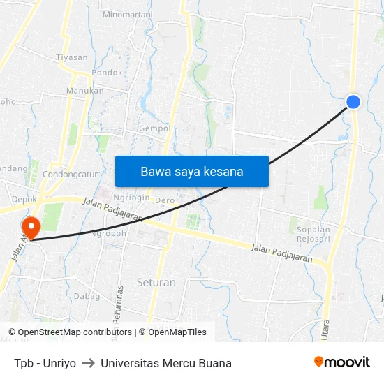 Tpb - Unriyo to Universitas Mercu Buana map