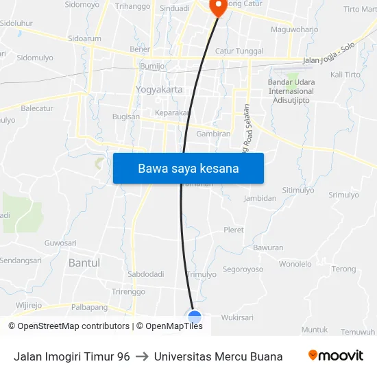 Jalan Imogiri Timur 96 to Universitas Mercu Buana map