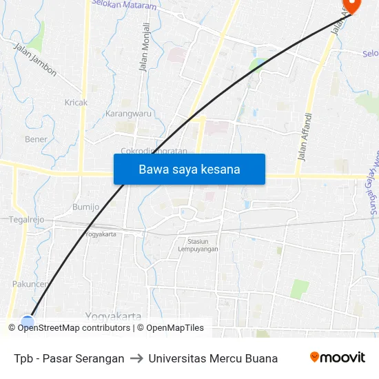 Tpb - Pasar Serangan to Universitas Mercu Buana map