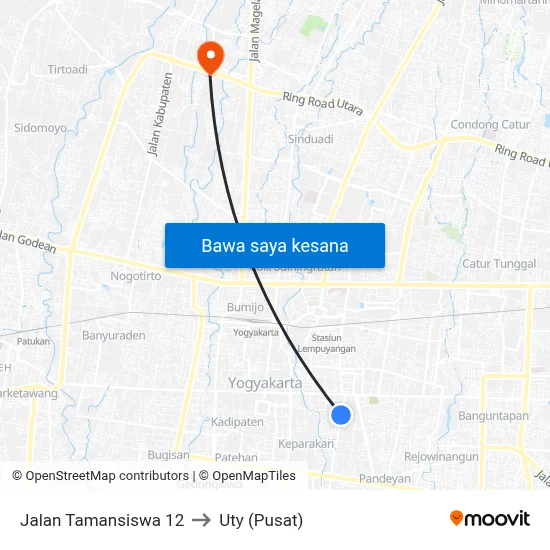 Jalan Tamansiswa 12 to Uty (Pusat) map