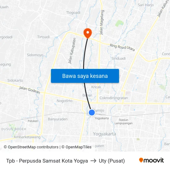 Tpb - Perpusda Samsat Kota Yogya to Uty (Pusat) map