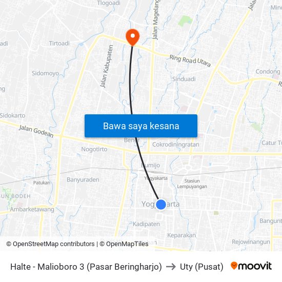 Halte - Malioboro 3 (Pasar Beringharjo) to Uty (Pusat) map