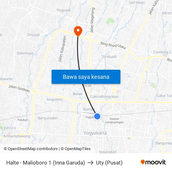 Halte - Malioboro 1 (Inna Garuda) to Uty (Pusat) map