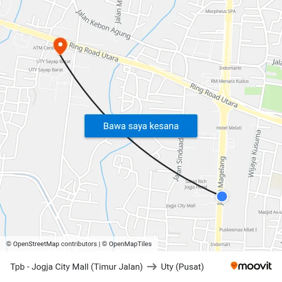 Tpb - Jogja City Mall (Timur Jalan) to Uty (Pusat) map