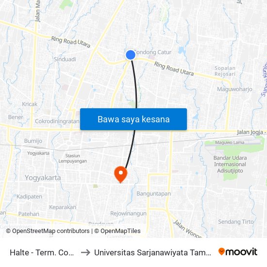 Halte - Term. Condongcatur to Universitas Sarjanawiyata Tamansiswa Kampus 1 map