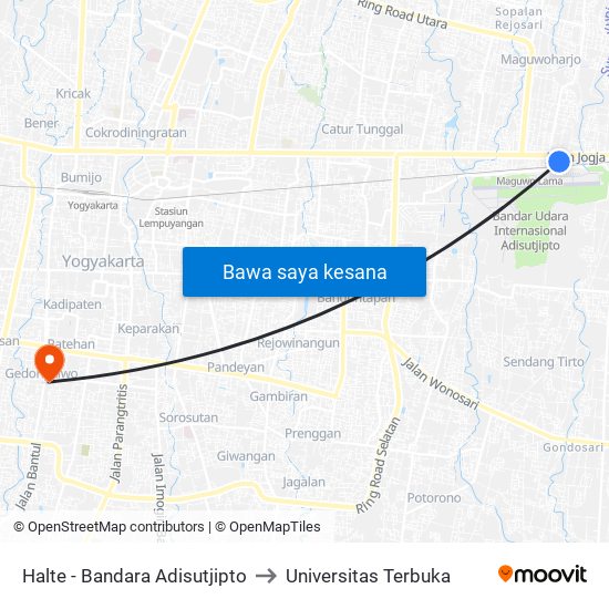 Halte - Bandara Adisutjipto to Universitas Terbuka map