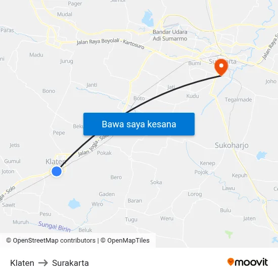 Klaten to Surakarta map