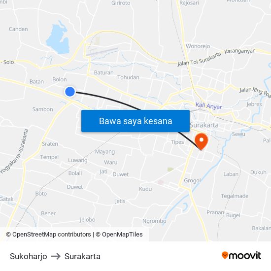 Sukoharjo to Surakarta map