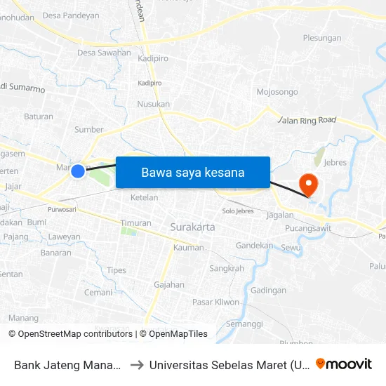 Bank Jateng Manahan to Universitas Sebelas Maret (UNS) map