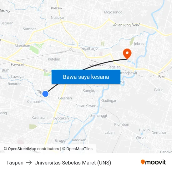 Taspen to Universitas Sebelas Maret (UNS) map