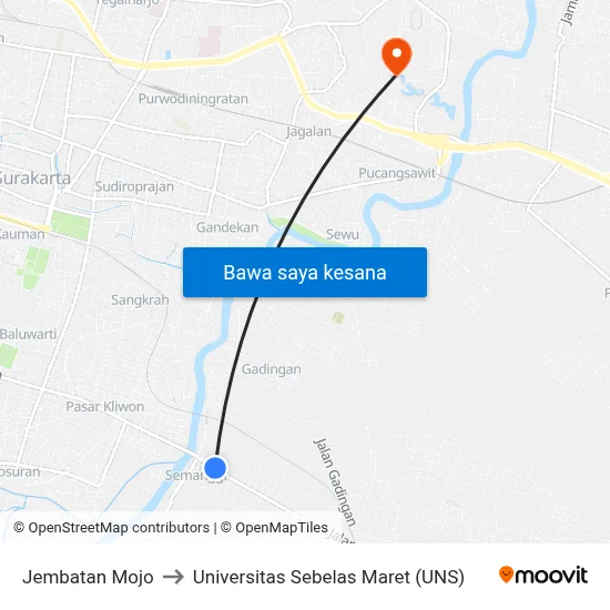 Jembatan Mojo to Universitas Sebelas Maret (UNS) map