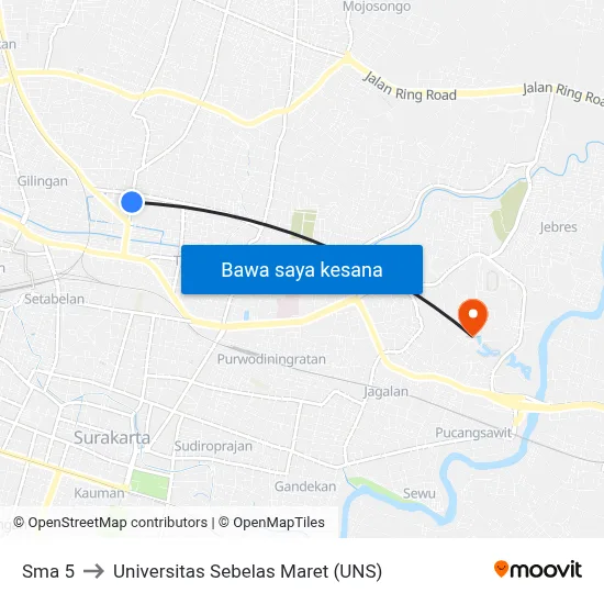 Sma 5 to Universitas Sebelas Maret (UNS) map