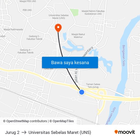 Jurug 2 to Universitas Sebelas Maret (UNS) map