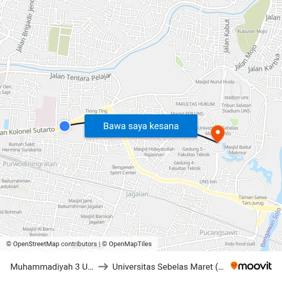 Muhammadiyah 3 Utara to Universitas Sebelas Maret (UNS) map