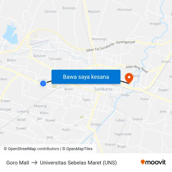 Goro Mall to Universitas Sebelas Maret (UNS) map