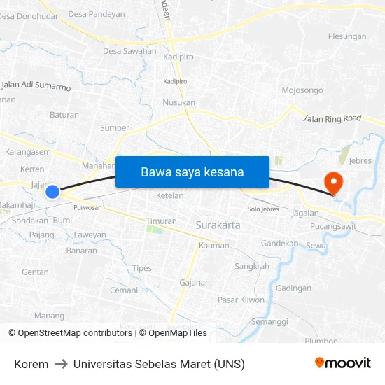 Korem to Universitas Sebelas Maret (UNS) map