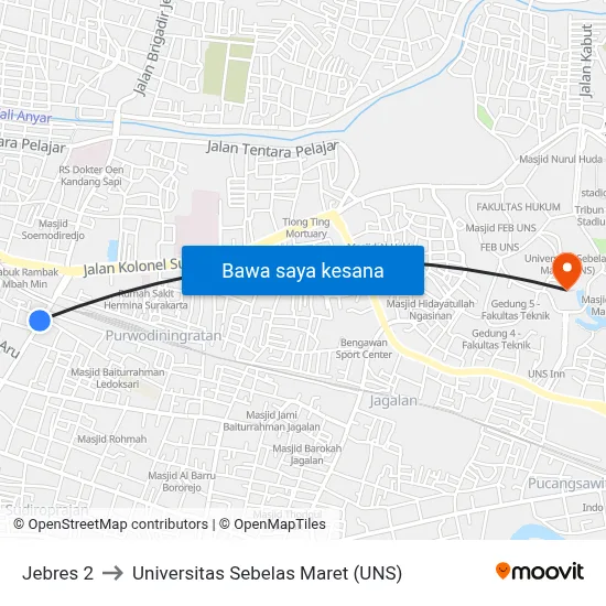 Jebres 2 to Universitas Sebelas Maret (UNS) map