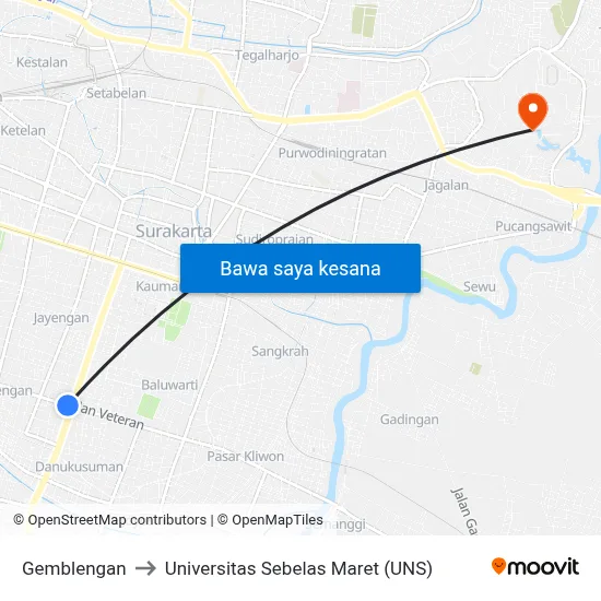 Gemblengan to Universitas Sebelas Maret (UNS) map