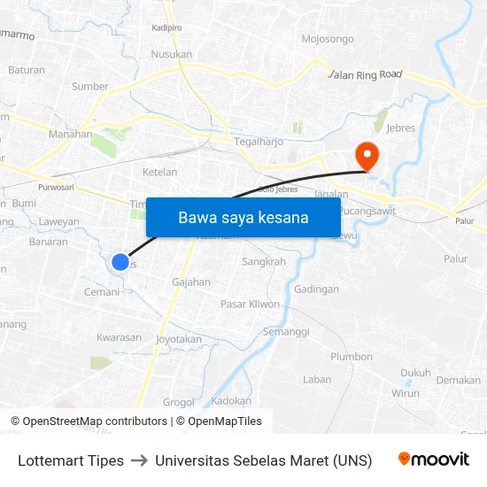 Lottemart Tipes to Universitas Sebelas Maret (UNS) map