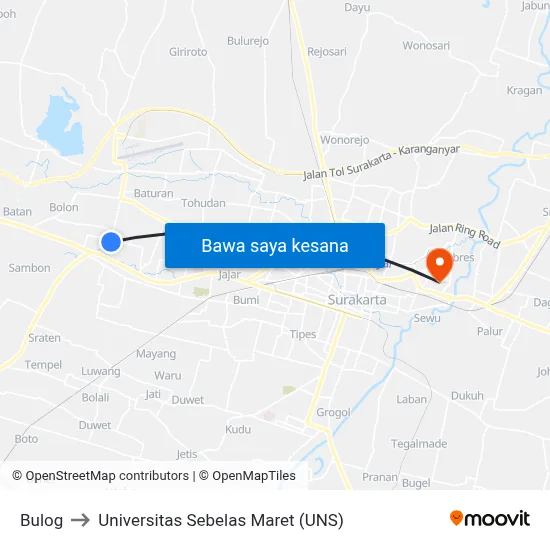 Bulog to Universitas Sebelas Maret (UNS) map