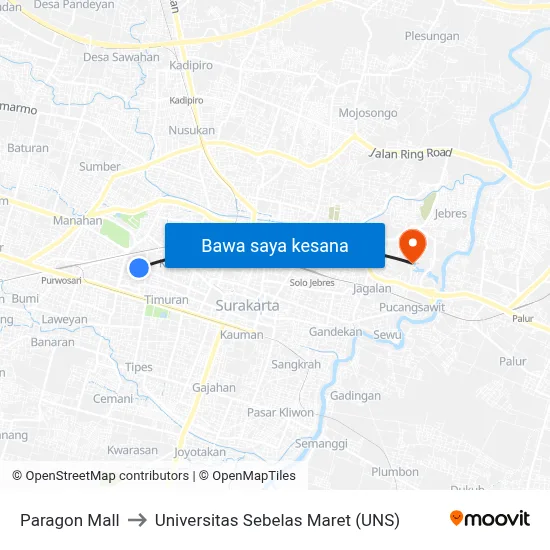 Paragon Mall to Universitas Sebelas Maret (UNS) map