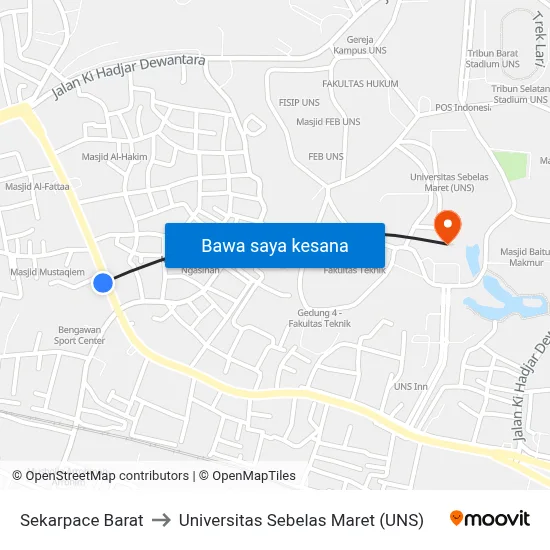 Sekarpace Barat to Universitas Sebelas Maret (UNS) map