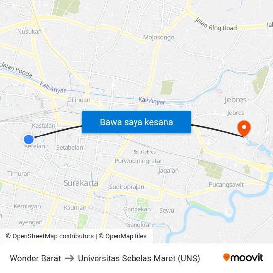 Wonder Barat to Universitas Sebelas Maret (UNS) map