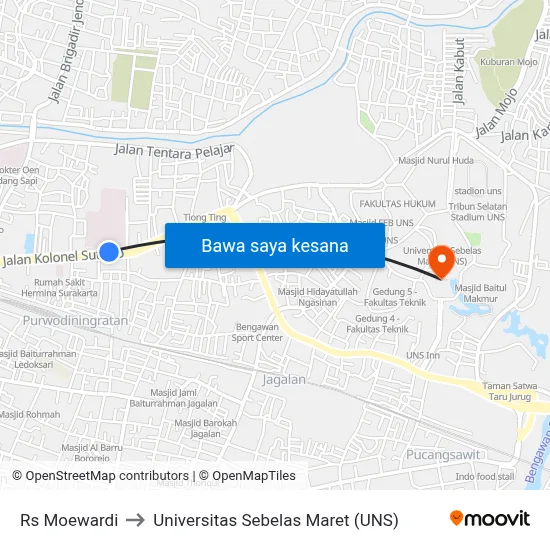 Rs Moewardi to Universitas Sebelas Maret (UNS) map