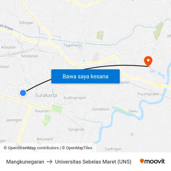 Mangkunegaran to Universitas Sebelas Maret (UNS) map