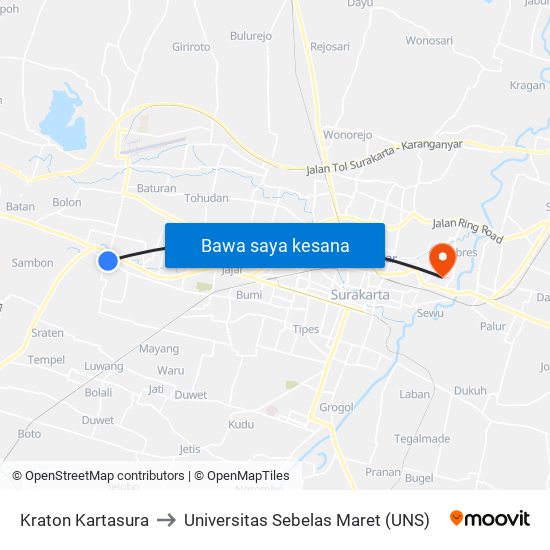 Kraton Kartasura to Universitas Sebelas Maret (UNS) map