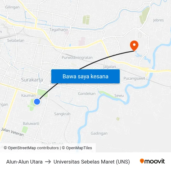 Alun-Alun Utara to Universitas Sebelas Maret (UNS) map