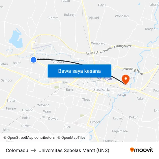Colomadu to Universitas Sebelas Maret (UNS) map
