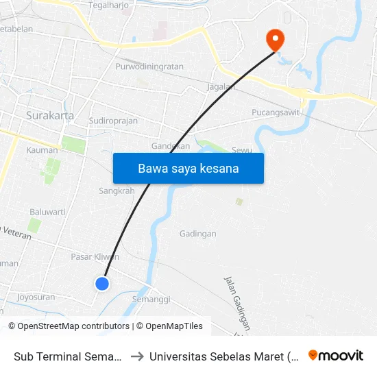 Sub Terminal Semanggi to Universitas Sebelas Maret (UNS) map