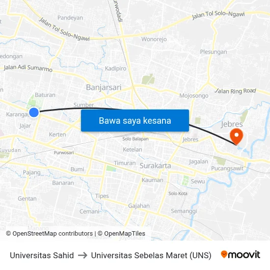 Universitas Sahid to Universitas Sebelas Maret (UNS) map