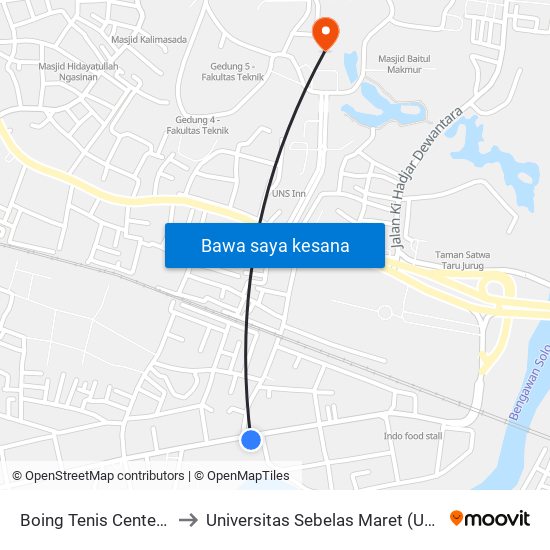 Boing Tenis Center B to Universitas Sebelas Maret (UNS) map