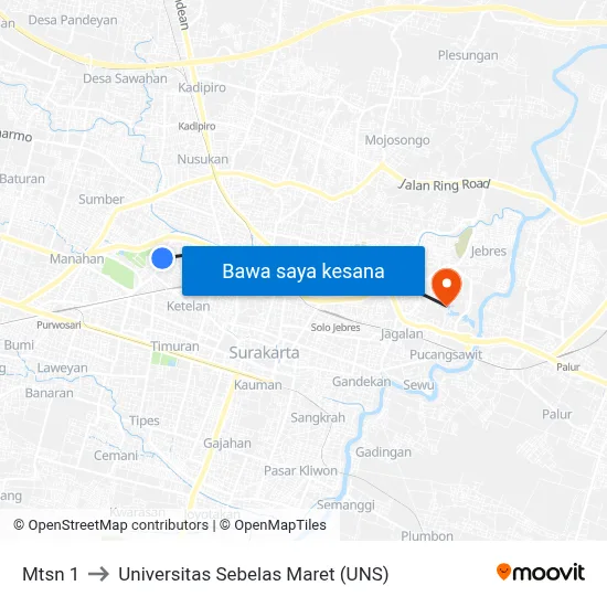 Mtsn 1 to Universitas Sebelas Maret (UNS) map