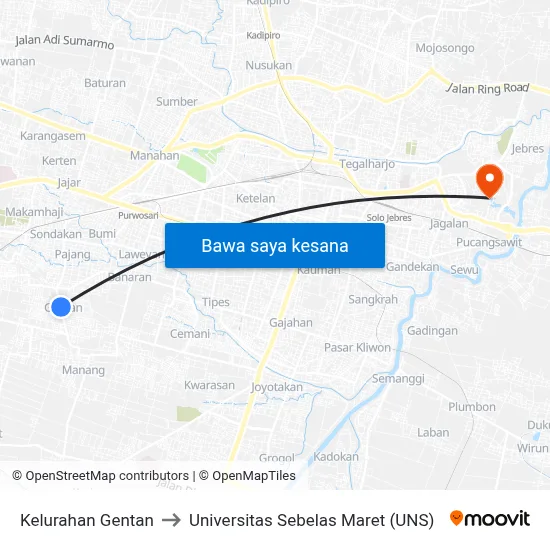Kelurahan Gentan to Universitas Sebelas Maret (UNS) map