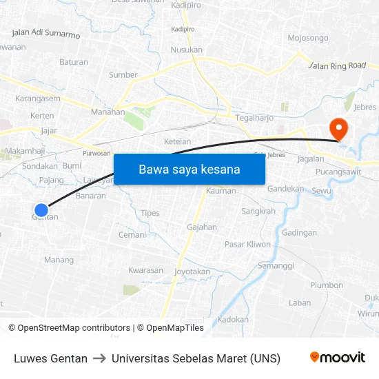 Luwes Gentan to Universitas Sebelas Maret (UNS) map