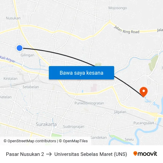 Pasar Nusukan 2 to Universitas Sebelas Maret (UNS) map