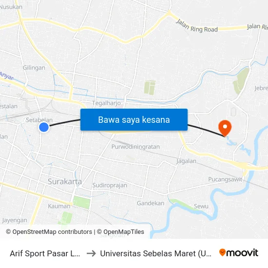 Arif Sport Pasar Legi to Universitas Sebelas Maret (UNS) map