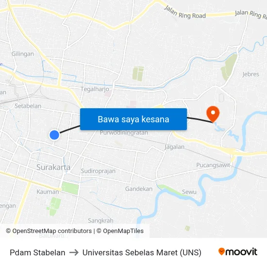 Pdam Stabelan to Universitas Sebelas Maret (UNS) map