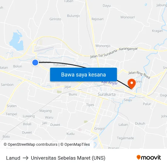 Lanud to Universitas Sebelas Maret (UNS) map