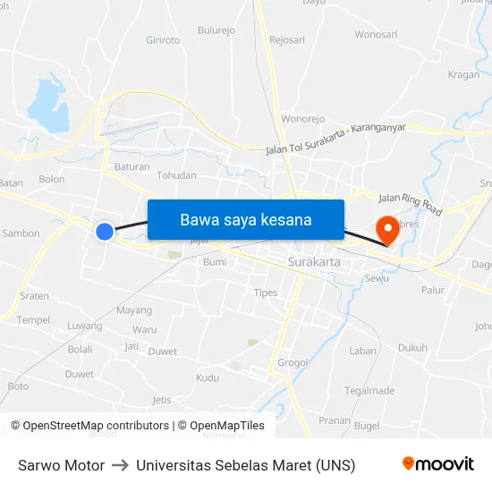 Sarwo Motor to Universitas Sebelas Maret (UNS) map