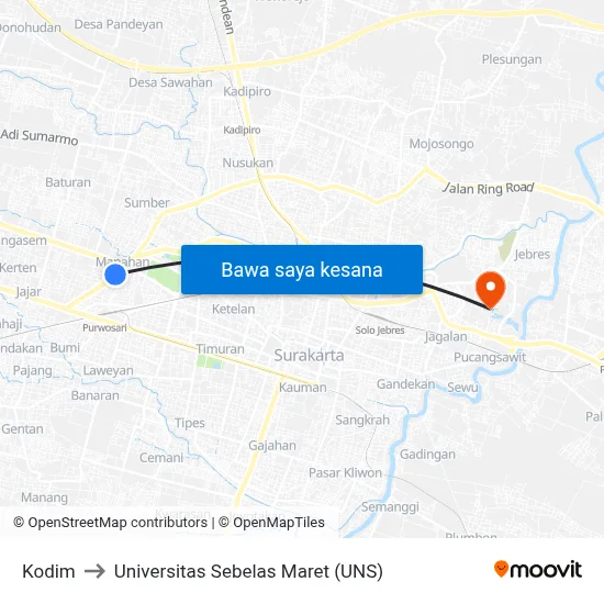 Kodim to Universitas Sebelas Maret (UNS) map